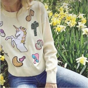 Wildfox Sweater Sequin Sequence Patches Unicorn Rainbow Dolphin Mushroom Size XS